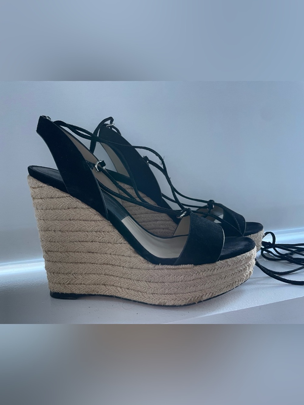 Michael Kors Black Espadrille Wedge Sandals with Ankle Tie